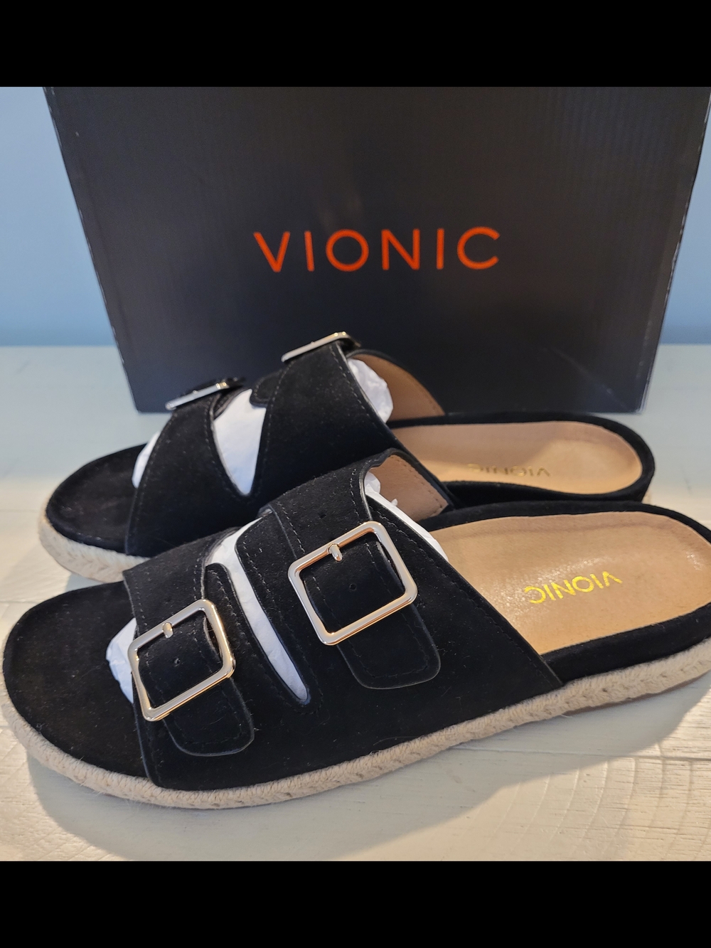 Vionic Black Suede Double Buckle Slide Sandals